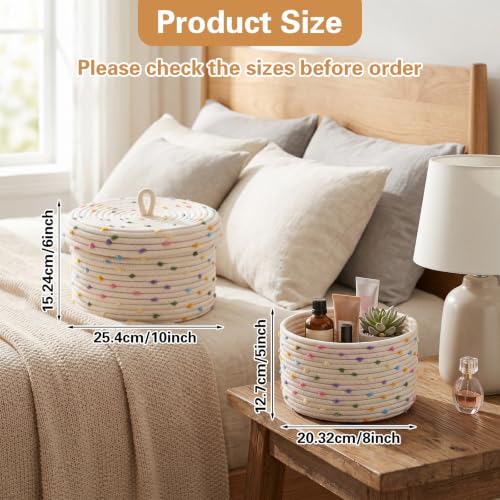Cotton Rope Basket with Lid Set of 2, Small Basket with Lid for Storage, Woven Basket with Lids 10x8 & 8x5.5 Inches, Storage Basket with Lids for Home Organization, Beige Rainbow Pompom Decorative Bin