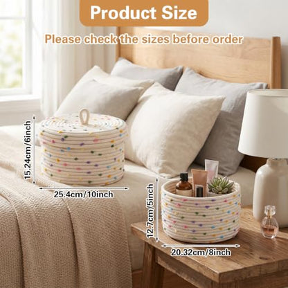 Cotton Rope Basket with Lid Set of 2, Small Basket with Lid for Storage, Woven Basket with Lids 10x8 & 8x5.5 Inches, Storage Basket with Lids for Home Organization, Beige Rainbow Pompom Decorative Bin