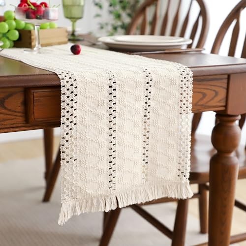 Simple&Opulence Boho Macrame 100% Cotton Table Runner - 12 x 90 Inch, Woven Farmhouse Table Runner with Fringed Edges for Bohemian Rustic Wedding, Bridal Shower, Dinner （White） - size: 12"x90", style: Cotton /white
