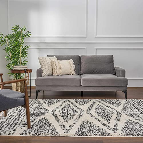 Hauteloom Berber Shag Collection - Fishhook Farmhouse Living Room Bedroom Area Rug with Tassel - Fluffy Plush High Pile Carpet - Southwestern Bohemian Tribal Style - Beige, Black - 5'3" x 7'3" - color: Light Brown, Black, White / Fishhook Fishh, size: 5'3