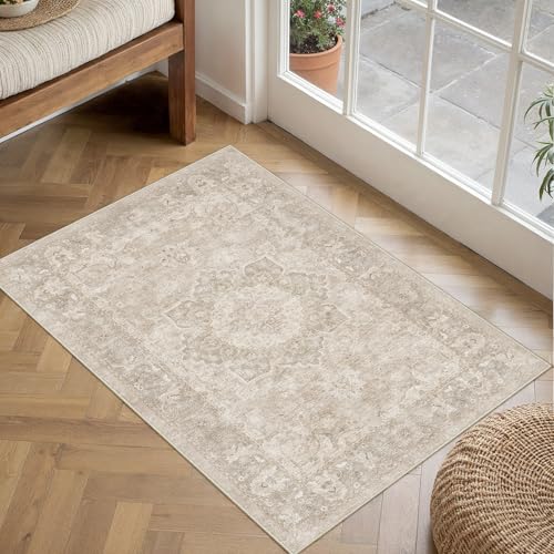 PureCozy 2x3 Washable Small Entryway Rug Beige Vintage Oriental Medallion - color: Beige, size: 2' x 3' (Rectangular)