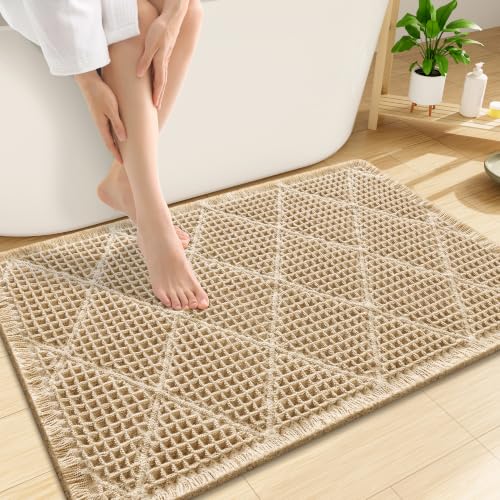 Smiry Waffle Bath Mat 30x20, Soft Absorbent Non Slip Bathroom Rug with Tassels, Machine Washable Quick Dry Bath Mat for Bathroom Floor, Tub, Shower, Home Decor Accessories, Brown