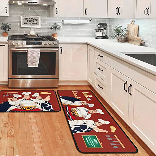 Cartoon Chef Kitchen Rugs Set of 2, Red Background Cute Fat Chef Floor Mats, Absorbent Non Slip Farmhouse Kitchen Runner Rug for Sink Laundry Room Cafe Decor, 17"x30"+17"x47" - color: Chef
