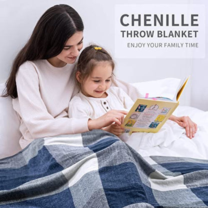 RECYCO Buffalo Plaid Chenille Throw Blanket, 50"x60", Navy Off White - color: Plaid Navy Off White, size: 50'' X 60''