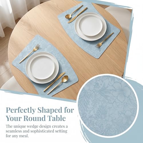 Faux Leather Set of 6, Placemats with Carving Floral Design - color: Light Blue