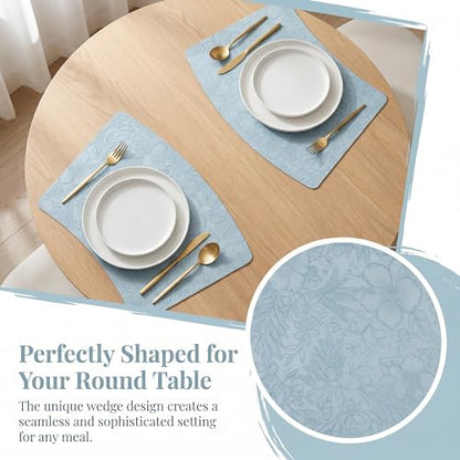 Faux Leather Set of 6, Placemats with Carving Floral Design - color: Light Blue