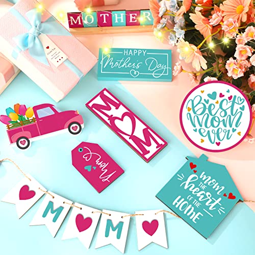 12 Pcs Mother's Day Tiered Tray Decor Happy Mother's Day Sweet Decorations Wooden Table Truck Flower Signs Gift for Mom - style: Best Mom
