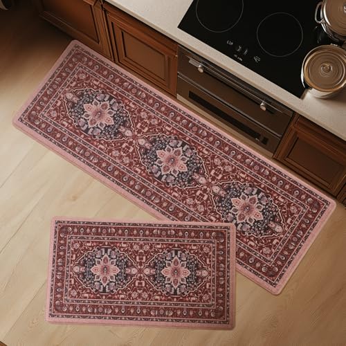 FRESHMINT Medallion Kitchen Mat Set 2 Piece, 17x30''+17x47'', Terracotta - color: Medallion - Terracotta Multi
