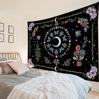 WEENEO Boho Butterfly Moon Tapestry Wall Hanging,Purple Floral,60x40 Inch - color: Black, size: 40"L x 60"W