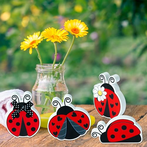 WATINC 4PCS Ladybug Tiered Tray Decor, Spring Summer Wooden Table Centerpiece Sign, Double-sided Ladybug Printed Wood Tabletop Sign, Ladybird Farmhouse Rustic Party Decoration for Holiday Home Kitchen - style: Ladybug