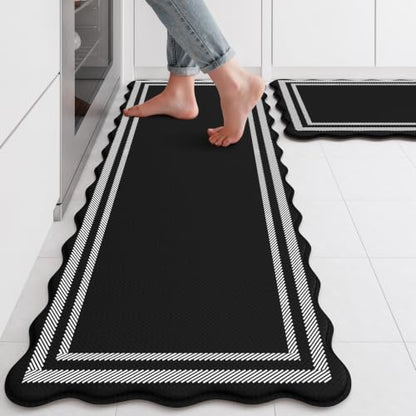 KIMODE Kitchen Mats Cushioned Anti Fatigue,Farmhouse Kitchen Rugs Sets of 2 - color: Black/White, size: 17.3" x 47"+17.3" x 29"--0.47 inches