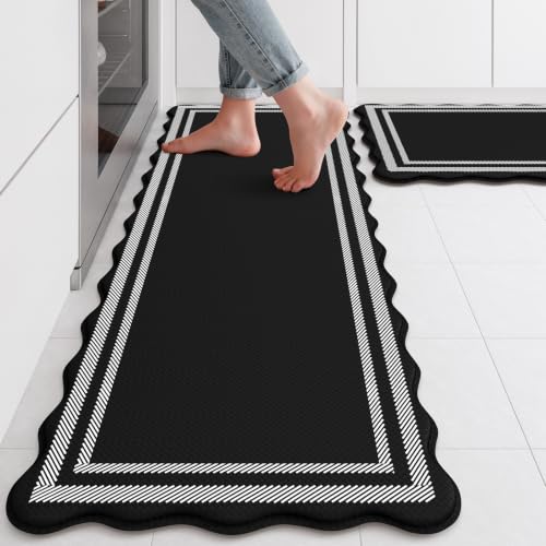 KIMODE Kitchen Mats Cushioned Anti Fatigue,Farmhouse Kitchen Rugs Sets of 2 - color: Black/White, size: 17.3" x 47"+17.3" x 29"--0.47 inches