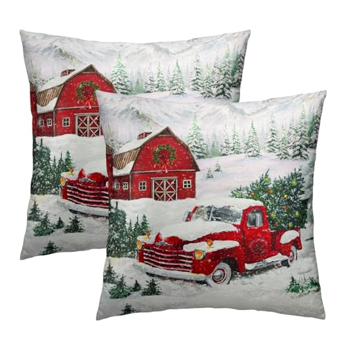 Giwawa Winter Red Truck Throw Pillow Covers 20x20 Inch Christmas Tree Pillowcase Set of 2 Holiday Decorative Cushion Cover for Sofa Couch Home Car - color: Christmas Red Truck, size: 20" x 20" (Pack of 2)