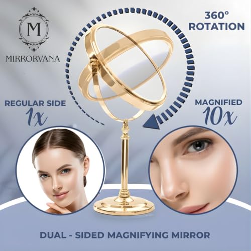 MIRRORVANA Double Sided 10X/1X Magnifying Makeup Mirror, 8" x 15" (Gold) - color: Gold