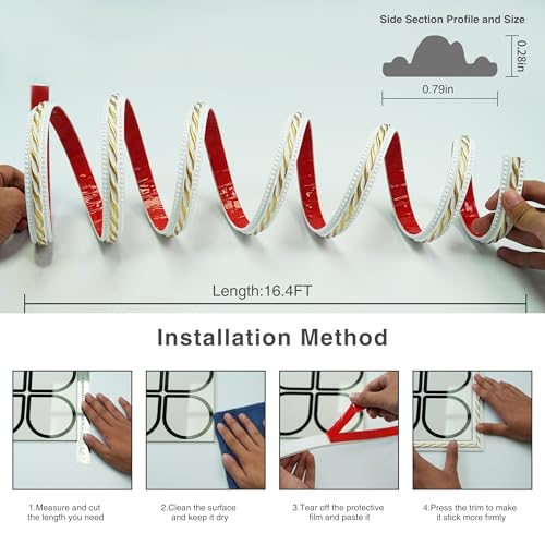 Colamo 16.4FT Gilded White Peel and Stick Trim Caulk Strip,Flexible Adhesive Moldings & Trims for Wall/Mirror/Ceiling/Window and Door Frame,Stick on Backsplash Tile Trimming,Sticky Edge,Side Body Trim - color: Gilded White