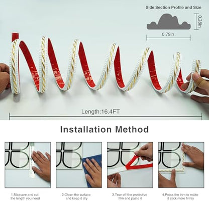 Colamo 16.4FT Gilded White Peel and Stick Trim Caulk Strip,Flexible Adhesive Moldings & Trims for Wall/Mirror/Ceiling/Window and Door Frame,Stick on Backsplash Tile Trimming,Sticky Edge,Side Body Trim - color: Gilded White