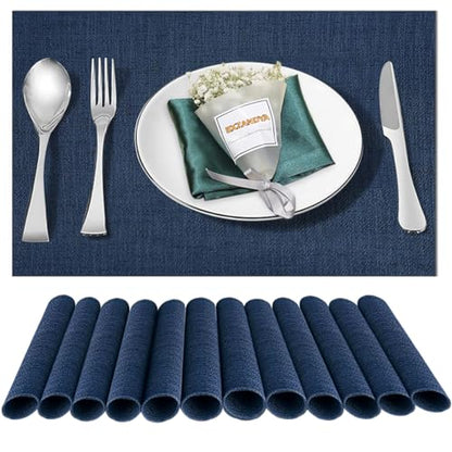 Blue Vinyl Placemats Set of 12,Washable Dining PVC Table Mats - color: Navy Blue, size: 12PCS 12"Wx18"L