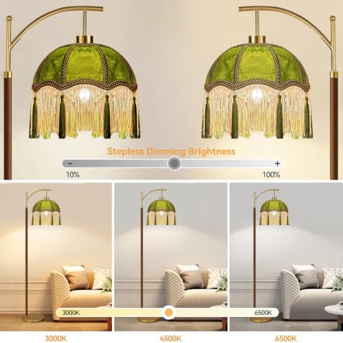 QIYIZM Vintage Floor Lamp for Living Room,Bedroom,Fringe Standing Lamp with Remote Dimmable,Green Mid Century Gold Arc Tall Lamp Boho Retro Wood Tassel Flower Unique Lamp Tiffany Victorian Decor - size: Floor Lamp--18
