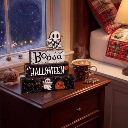 Amyhill 4 Pcs Halloween Table Decor Wooden Ghost Table Sign Tiered Tray - style: Halloween