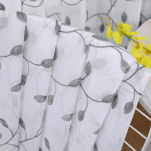 Tollpiz Leaves Sheer Tier Curtain Grey Leaf Embroidery Kitchen Half Curtains Rod Pocket Voile Faux Linen Embroidered Leaves Curtain for Bathroom, 30 x 36 inches Long, Set of 2 Panels - color: Grey, size: 30"W x 36"L (Pack of 2)