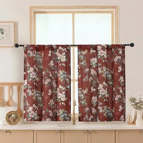 Aiyufeng Floral Kitchen Tiers Curtains 36 Inches Long, Breathable Soft Flower Patterned Light Filtering for Bedroom Living Room Farmhouse Small Window Treatments, Each 30x36 Inch, Burgundy Red - color: Burgundy Red, size: 30"W x 36"L (Pack of 2)