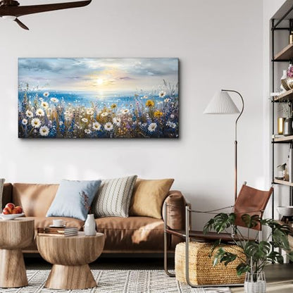 crmotu Seaside Landscape Wall Art, Beach Wildflower Sunset Large Paintings 20X40 In - color: Sunrise Seaside Flowers, size: 40"L x 20"W