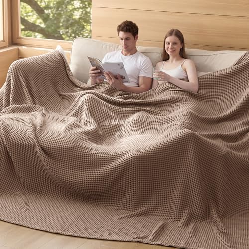 Bedsure Lightweight 100% Cotton Waffle Blanket, 120x94, Coffee Brown - color: Coffee Brown, size: Oversized King (120" X 94")