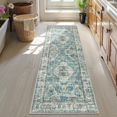 Uphome Bathroom Runner Rug, Distressed Tribal Farmhouse Blue Bathroom Mat, Large Bathroom Rugs Non Slip Washable, Oriental Retro Boho Bath Mat Runner for Bathtub Sink Hallway, 24x71 inch - color: Blue, size: 24 x 71 inch (Rectangular)