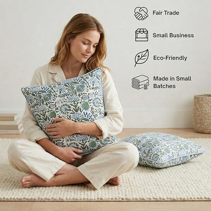 ATOSII Cotton Blockprint Throw Pillow Cover, Clover Blue, Set of 2, 18 X 18 - color: Clover Blue, size: 18" x 18" (Pack of 2)
