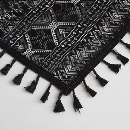 Black Boho Sheer Lace Window Curtains with Tassel, 40" Wx90 Lx2 - color: Black, size: 40"W x 90"L (Pack of 2)