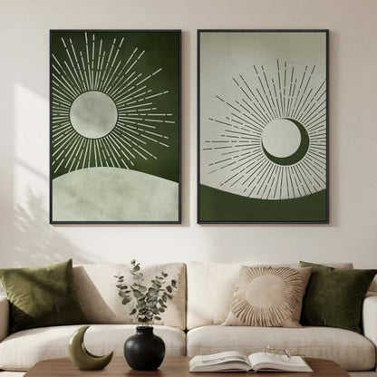 Large Framed Green Boho Abstract Canvas Wall Art for Living Room, 24x36 In - color: Neutral Green, size: 24" W x 36" H x 2Pcs
