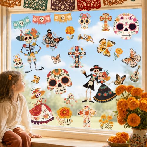 Dia De Los Muertos Decorations Window Clings Day of The Dead Stickers Decor - color: Día De Muertos
