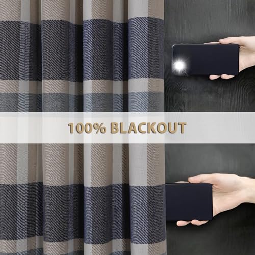 always4u 100% Blackout Plaid Curtains for Bedroom Living Room Woolen Look Black Tartan Grommet Thermal 2 Panels 54 * 63 Blue White - color: Blue White, size: 54"W x 63"L (Pack of 2)
