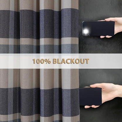 always4u 100% Blackout Plaid Curtains for Bedroom Living Room Woolen Look Black Tartan Grommet Thermal 2 Panels 54 * 84 Blue White - color: Blue White, size: 54"W x 84"L (Pack of 2)