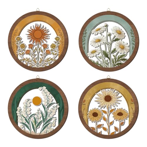 HPNIUB Vintage Flower Wall Decor, Farmhouse Sunflower Daisy Geometric Hanging Wooden Wall Art, 4 Pieces 10''x10'' Minimalist Boho Sun&Floral Wood Sign for Girls Bedroom Living Room Office - color: Vintage flower