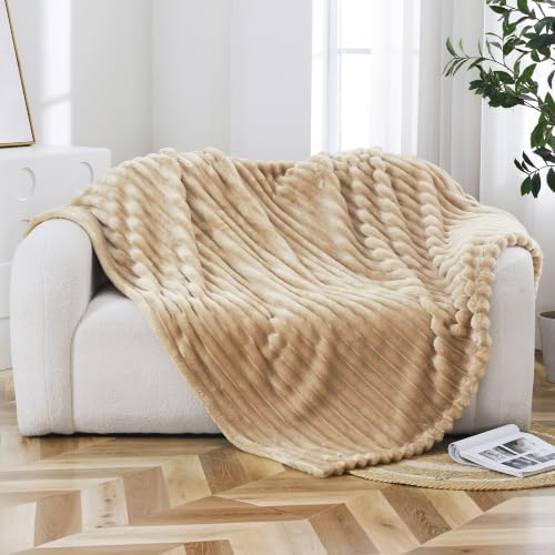Taliska Ribbed Fleece Throw Blanket for Bed, Khaki, 90"x90" - color: Khaki, size: Throw(90"x90")