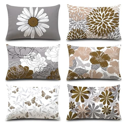 COMMINY Brown Grey Lumbar Pillow Covers 12x20 Set of 6 Floral Pillow Covers - color: Grey Brown, size: 20" x 12" (Pack of 6)