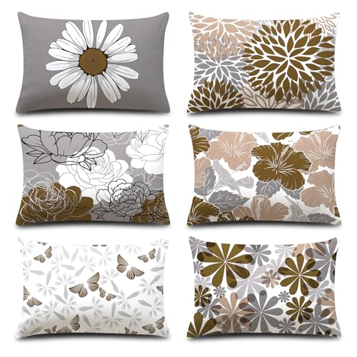 COMMINY Brown Grey Lumbar Pillow Covers 12x20 Set of 6 Floral Pillow Covers - color: Grey Brown, size: 20" x 12" (Pack of 6)