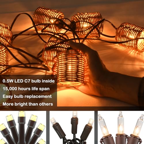 Natural Rattan String Lights, 10 Rustic Raffia Cage, 13 Ft Plug in & Connectable Wicker Lights,Natural Color Rattan - color: Natural Rattam