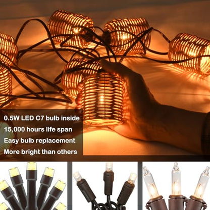 Natural Rattan String Lights, 10 Rustic Raffia Cage, 13 Ft Plug in & Connectable Wicker Lights,Natural Color Rattan - color: Natural Rattam