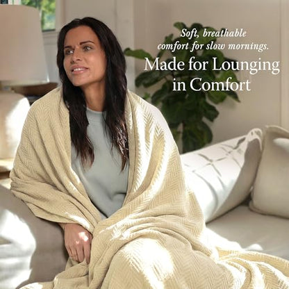 Threadmill Luxury 100% Cotton Twin Herringbone Blanket, Vanilla Cream - color: Vanilla Cream, size: Twin (68" x 92")