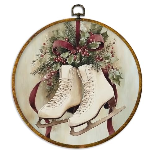 XPH Vintage Christmas Ice Skates Round Wall Art Framed, Christmas Skating Circle Wall Decor, Rustic Xmas Cozy Winter Holiday Hanging Canvas Prints for Home Bedroom Living Room Decoration, 10x10 Inch - color: Christmas 08