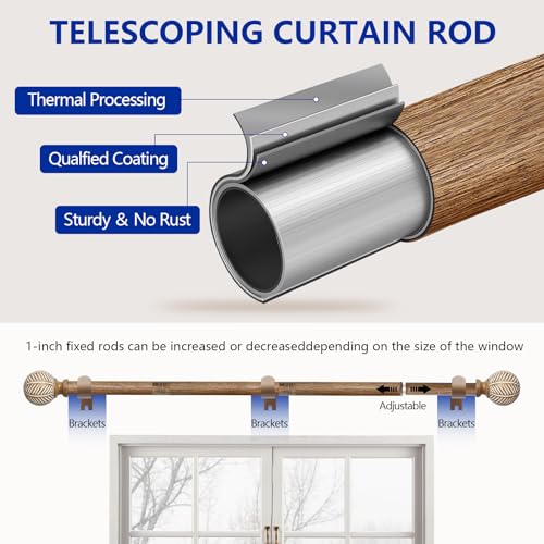 Wood Curtain Rods for Windows: 1 Inch Diameter Adjustable Heavy Duty Curtain Rod 32" to 168" with Imitation Wood Grain Leaf Pattern Finials - color: Wood grain, size: 32"-168"|1 PACK