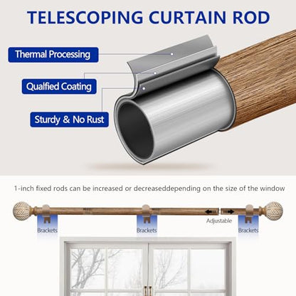 Wood Curtain Rods for Windows: 1 Inch Diameter Adjustable Heavy Duty Curtain Rod 32" to 168" with Imitation Wood Grain Leaf Pattern Finials - color: Wood grain, size: 32"-168"|1 PACK