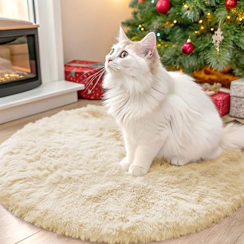 OLANLY Cream Round Rugs for Bedroom - Machine Washable, 2 ft Circle Area Rugs for Living Room, Soft and Fluffy Shaggy Carpet for Teen Girl and Boys, Nursery Rooms, Dorms, Home Decor Aesthetic - color: Cream, size: 2 Ft Round