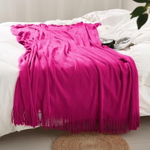 Homiest Dark Pink Knitted Throw Blanket with Fringe, 50x60 Inch - color: Fuschia, size: 50" x 60"
