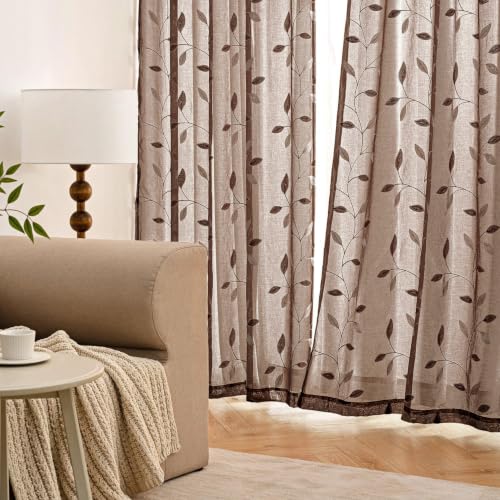 MIULEE Chocolate Brown Sheer Curtains 2 Panels Leaf Patterned, W52 x L96 - color: Chocolate Brown, size: 52"W x 96"L (Pack of 2)