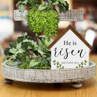 Easter Decor, He Is Risen House Shaped Wood Block Sign - color: He