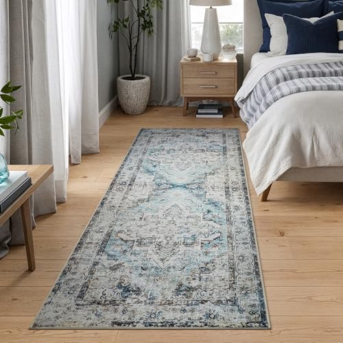 Bloom Rugs Washable Non-Slip 7 ft Runner - Beige/Blue Traditional Runner for Entryway, Hallway, Bathroom, and Kitchen - Exact Size: 2.5' x 7' - color: Beige / Blue, size: 2'6" x 7' (Runner)