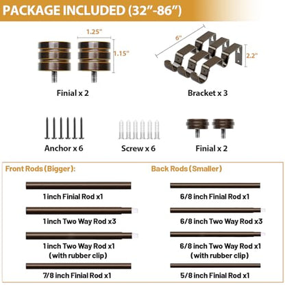 TONIAL 1 Inch Double Curtain Rods for Windows 48 to 84 Inch, Bronze - color: Bronze, size: 32-86”